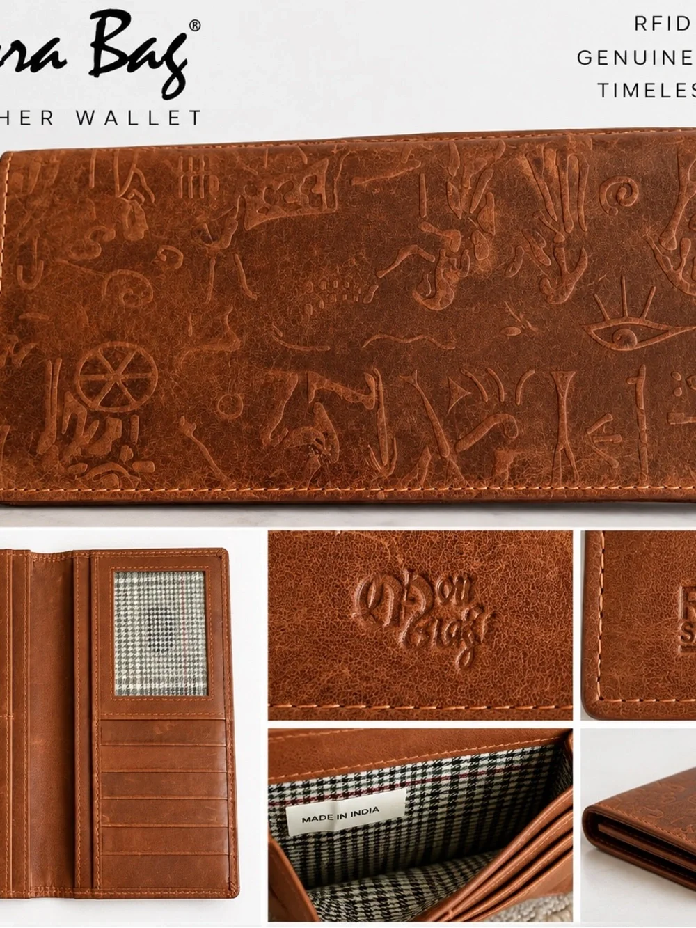 Embossed Leather Long Wallet - Brown